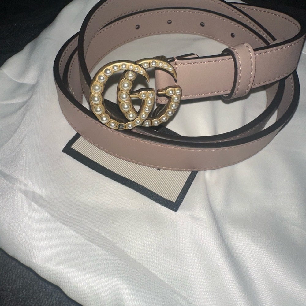 Gucci Blush Leather Belt with Pearl Gold Buckle